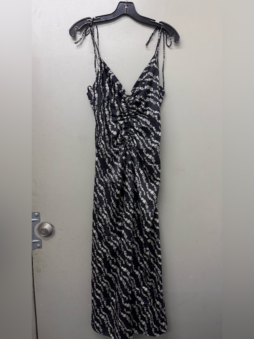SANDRO Ruched Printed Twill Midi Slip Dress Black and White Womans size 40